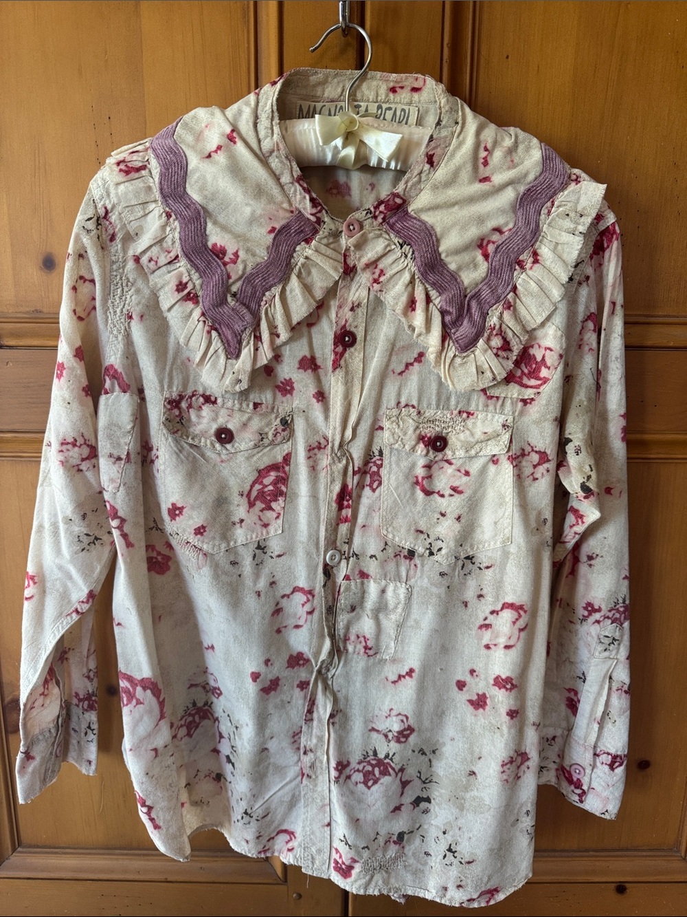 Magnolia Pearl Floral Ruffled Collar Button-Up Shirt - Cream & Dusty Rose